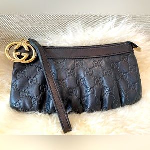 Gucci Black Guccissima Leather Interlocking G Wristlet Clutch
